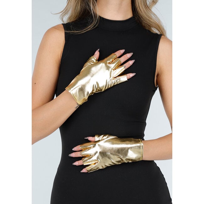 Goldfarbene Handschuhe aus glänzendem Stretchmaterial mit halben Fingern