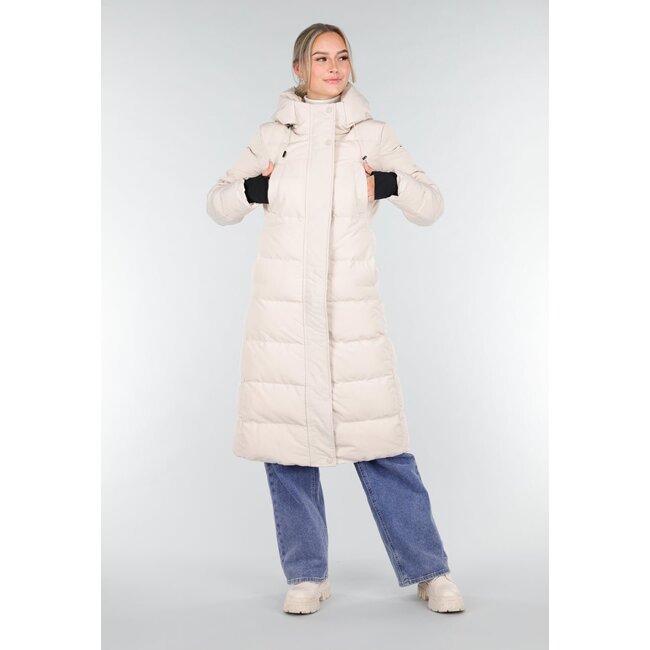 Cremefarbene lange Daunenjacke mit Kapuze und Reißverschluss