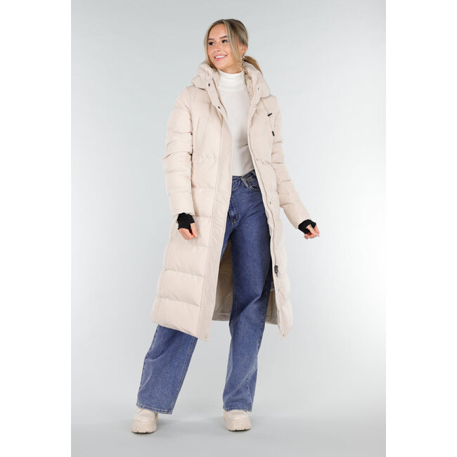 Cremefarbene lange Daunenjacke mit Kapuze und Reißverschluss