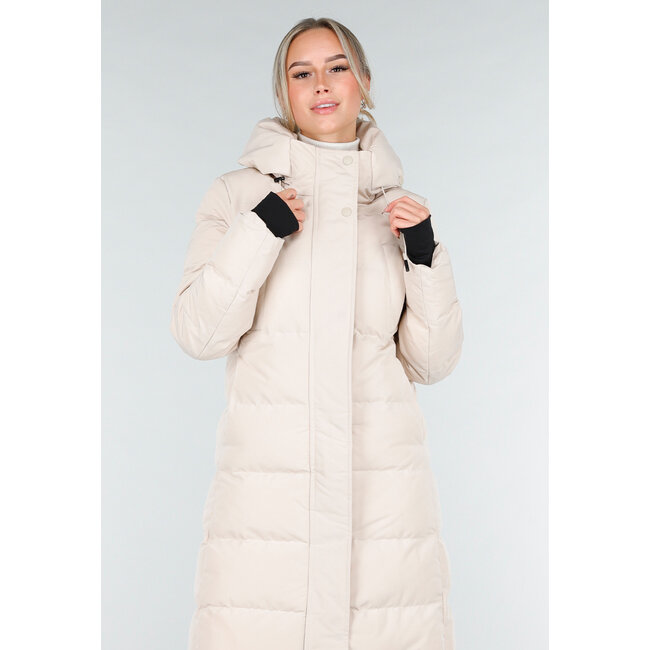Cremefarbene lange Daunenjacke mit Kapuze und Reißverschluss