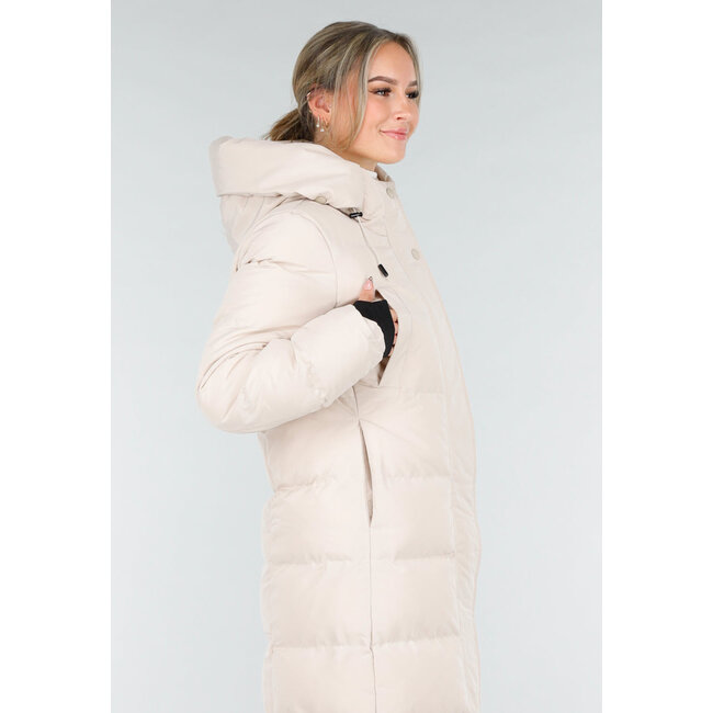 Cremefarbene lange Daunenjacke mit Kapuze und Reißverschluss