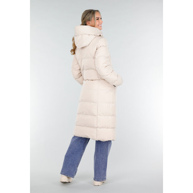 Cremefarbene lange Daunenjacke mit Kapuze und Reißverschluss