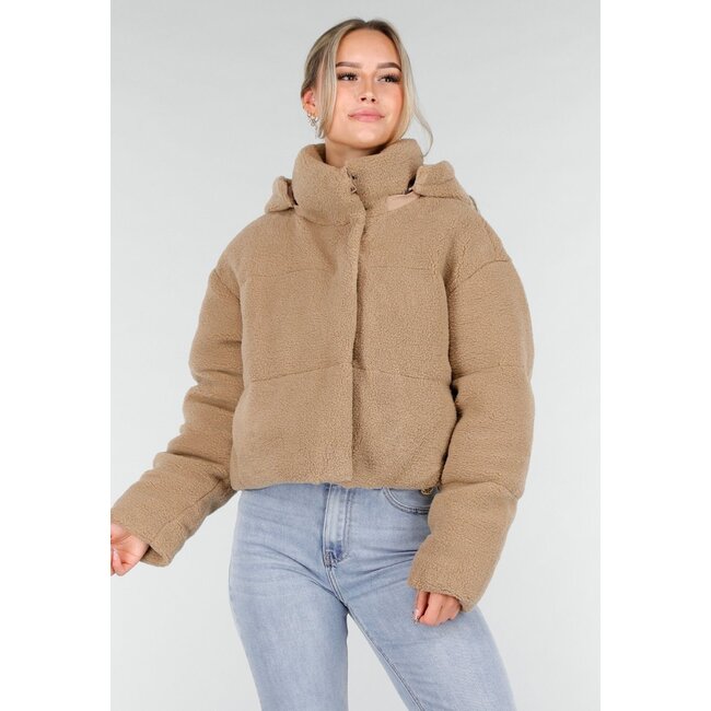 Beige Teddyjacke mit abnehmbarer Kapuze