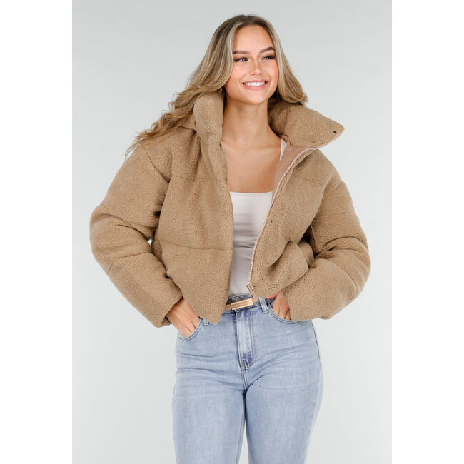 Beige Teddyjacke mit abnehmbarer Kapuze