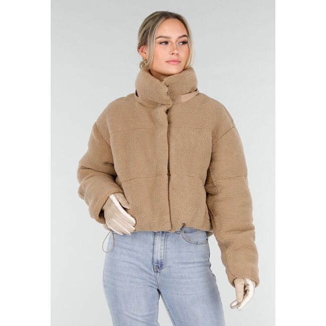 Beige Teddyjacke mit abnehmbarer Kapuze