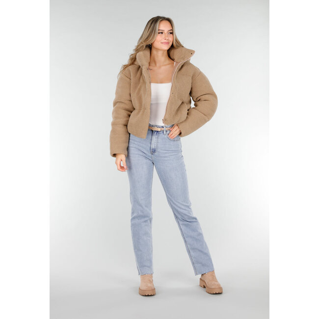 Beige Teddyjacke mit abnehmbarer Kapuze