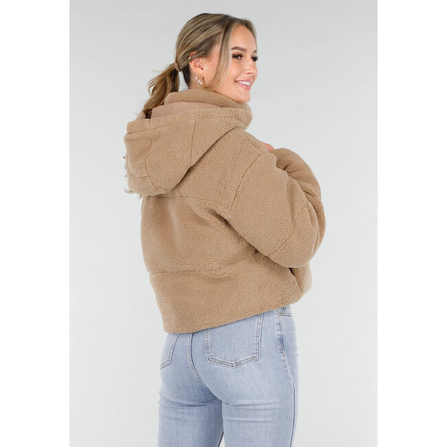 Beige Teddyjacke mit abnehmbarer Kapuze