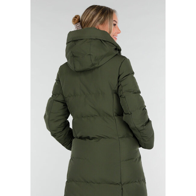 Armygrüne lange Daunenjacke mit Kapuze