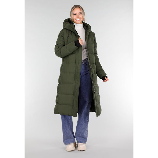 Armygrüne lange Daunenjacke mit Kapuze