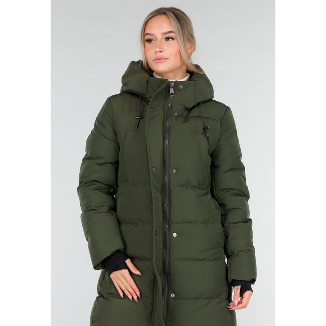 Armygrüne lange Daunenjacke mit Kapuze