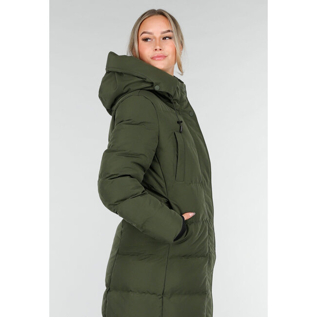 Armygrüne lange Daunenjacke mit Kapuze