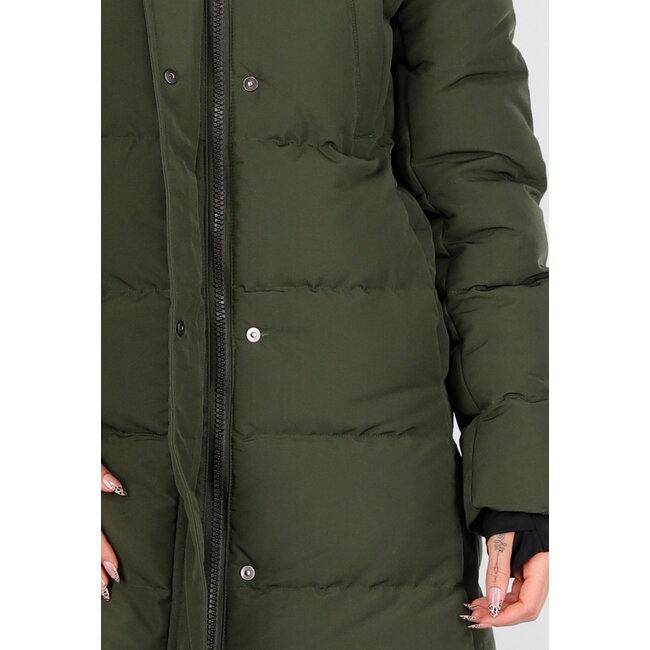 Armygrüne lange Daunenjacke mit Kapuze