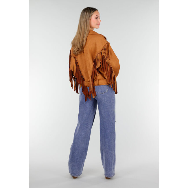 Braune Jacke in Wildlederoptik mit langen Fransen und Schnallenverschluss