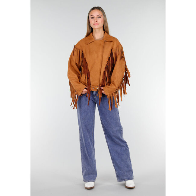 Braune Jacke in Wildlederoptik mit langen Fransen und Schnallenverschluss