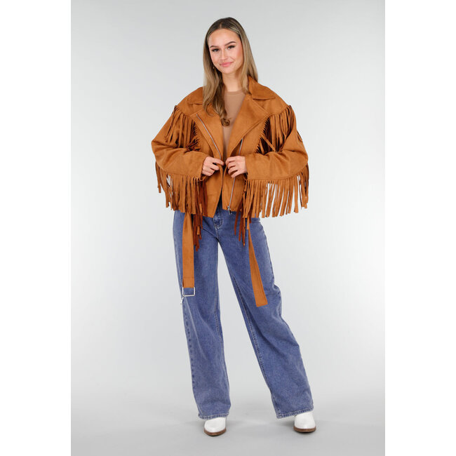 Braune Jacke in Wildlederoptik mit langen Fransen und Schnallenverschluss