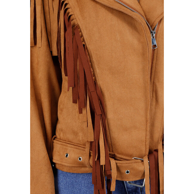 Braune Jacke in Wildlederoptik mit langen Fransen und Schnallenverschluss