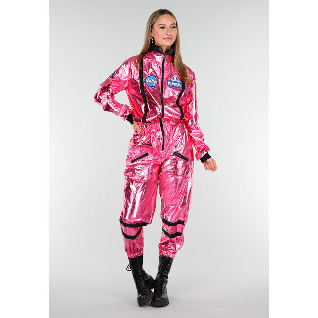 Rosa Metallic Astronaut Jumpsuit mit Aufnähern, schwarzen Akzenten und elastischen Bündchen