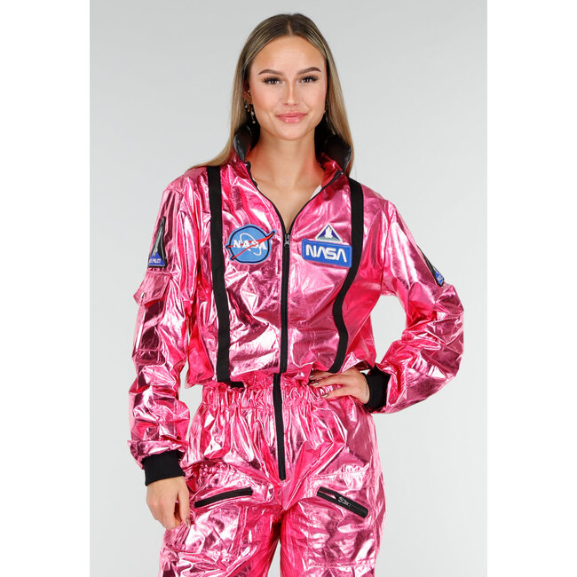 Rosa Metallic Astronaut Jumpsuit mit Aufnähern, schwarzen Akzenten und elastischen Bündchen