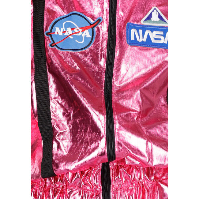 Rosa Metallic Astronaut Jumpsuit mit Aufnähern, schwarzen Akzenten und elastischen Bündchen