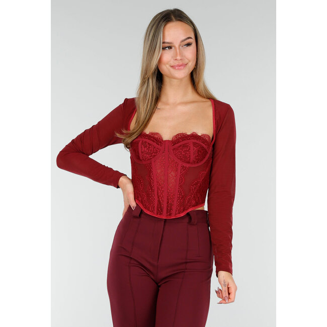Bordeaux Korsett-Oberteil mit Spitze, langen Ärmeln und Stäbchen
