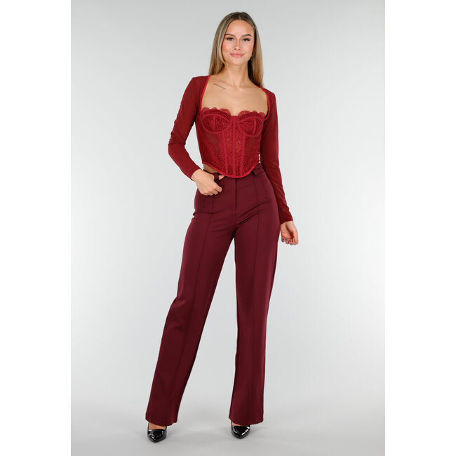 Bordeaux Korsett-Oberteil mit Spitze, langen Ärmeln und Stäbchen