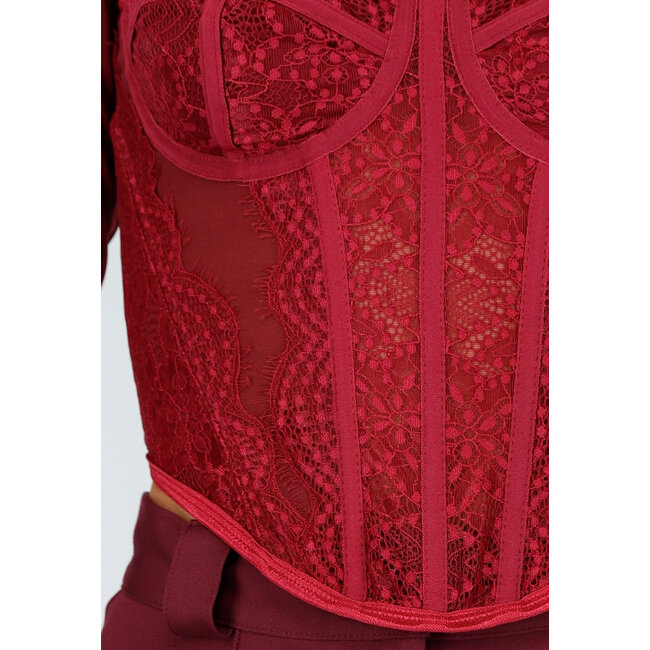 Bordeaux Korsett-Oberteil mit Spitze, langen Ärmeln und Stäbchen