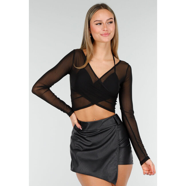 Schwarzes Mesh-Sporttop mit langen Ärmeln