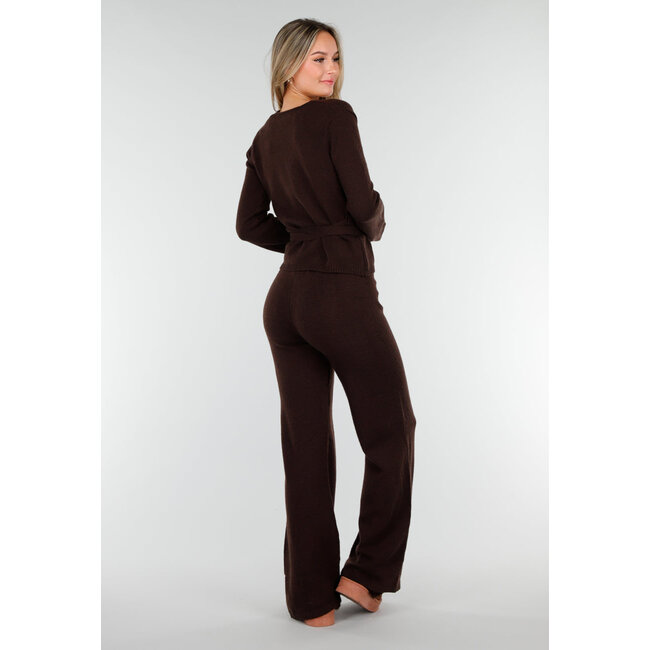 Braune Strick-Loungehose mit Kordelzug und geraden, weit fallenden Beinen