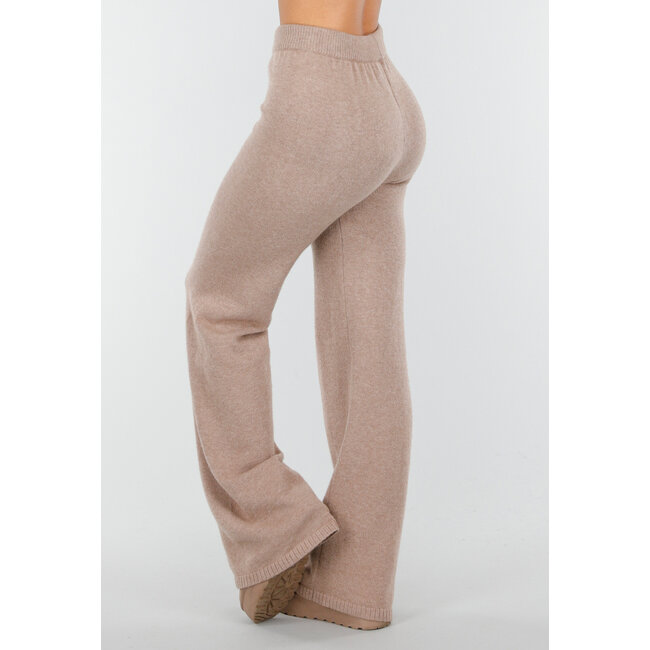 Beige gestrickte Lounge-Hose mit Kordelzug und geraden, weit fallenden Beinen