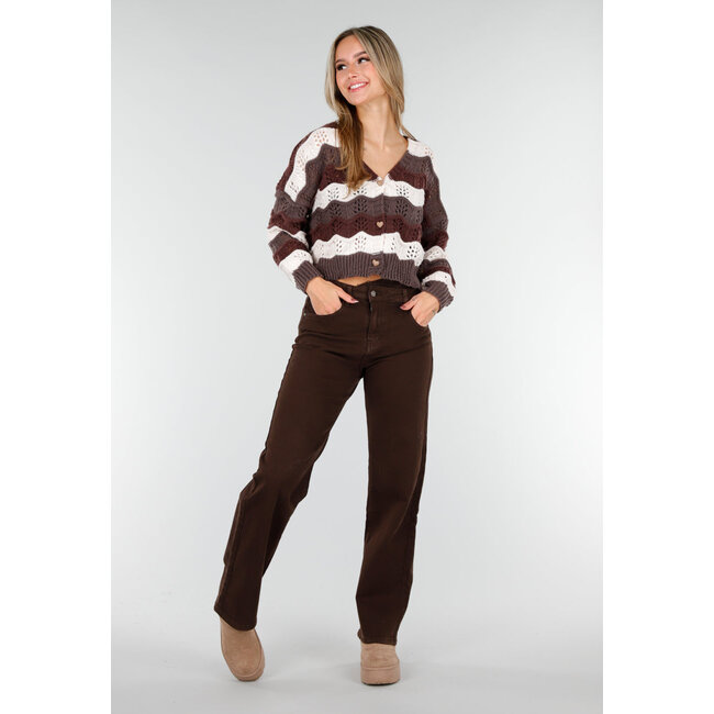 Braun-beige Strickjacke mit Wellenstreifen und herzförmigen Knöpfen