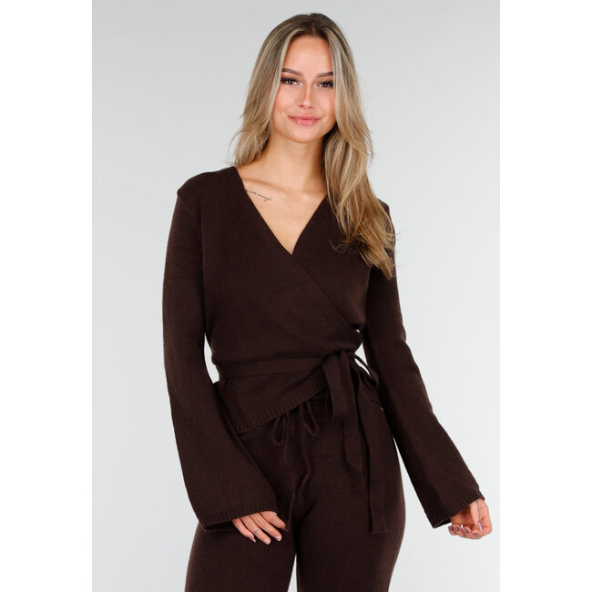 Braunes Strick-Wickeloberteil mit Schleifengürtel und langen Ärmeln