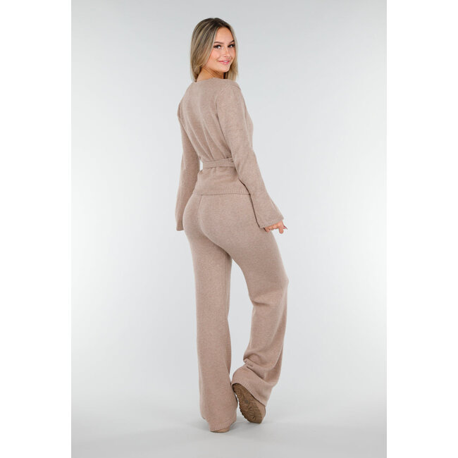 Beige Strick-Wickeloberteil mit Schleifengürtel und langen Ärmeln