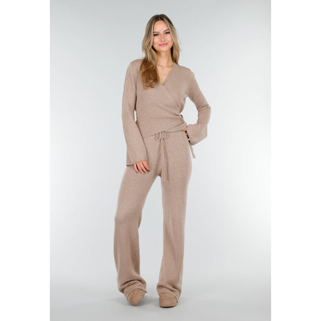 Beige Strick-Wickeloberteil mit Schleifengürtel und langen Ärmeln