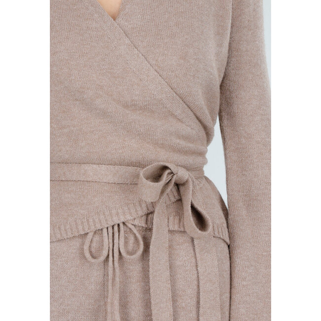 Beige Strick-Wickeloberteil mit Schleifengürtel und langen Ärmeln