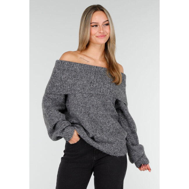 Grauer Off-Shoulder-Strickpullover mit weitem Rollkragen und langen Ärmeln