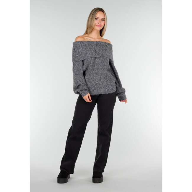 Grauer Off-Shoulder-Strickpullover mit weitem Rollkragen und langen Ärmeln