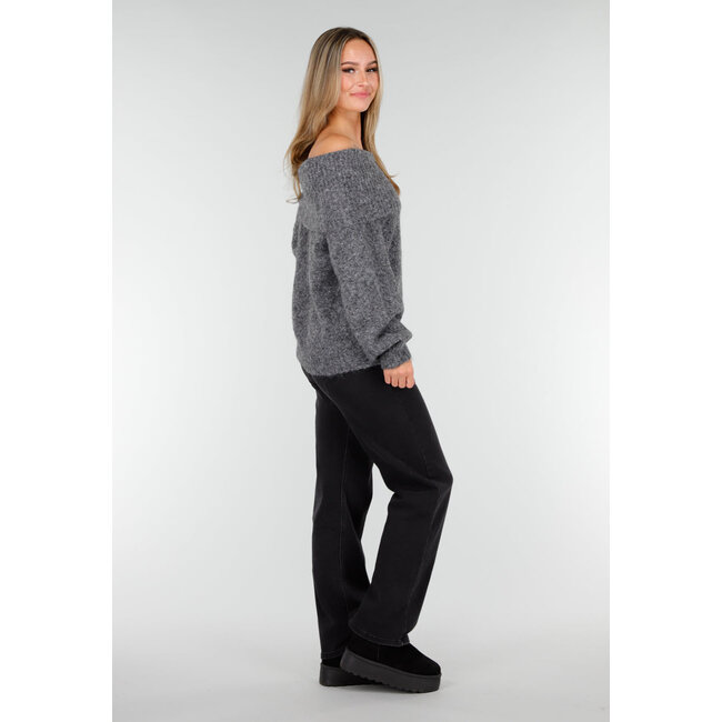 Grauer Off-Shoulder-Strickpullover mit weitem Rollkragen und langen Ärmeln