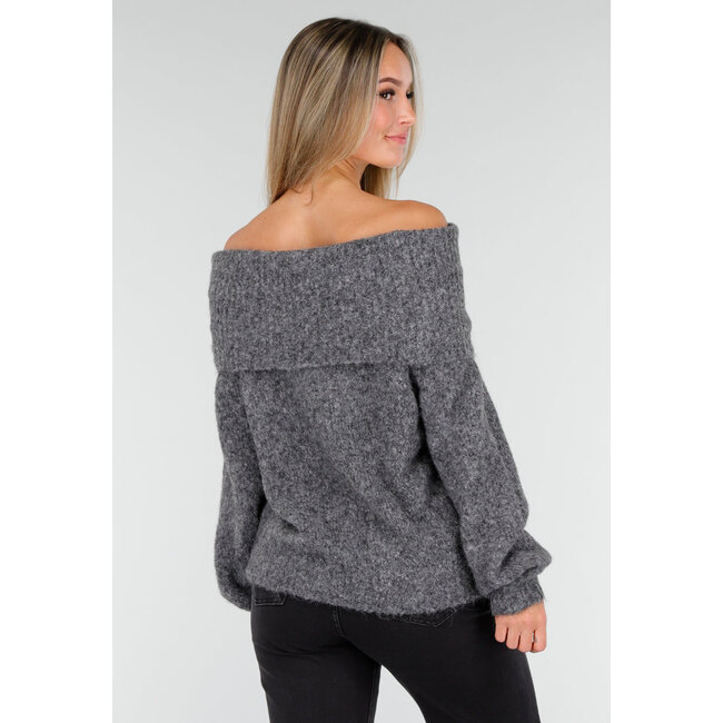 Grauer Off-Shoulder-Strickpullover mit weitem Rollkragen und langen Ärmeln