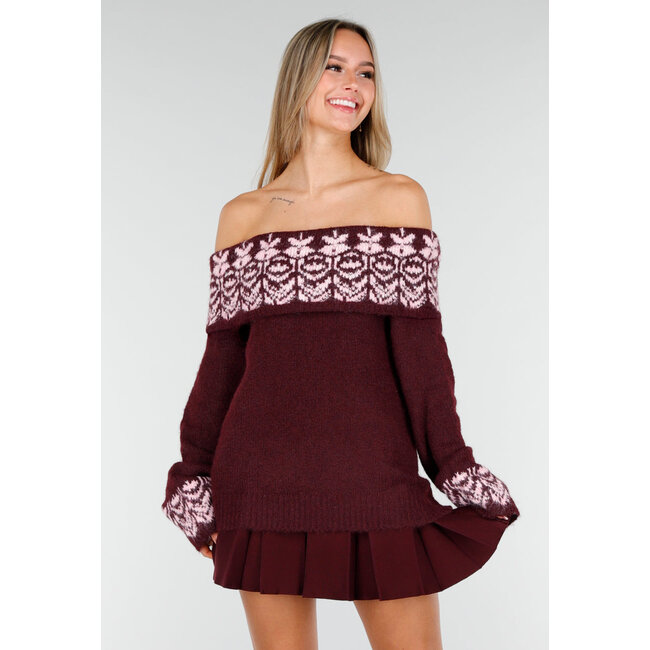 Bordeauxfarbener Off-Shoulder-Pullover mit Fair-Isle-Muster und langen Ärmeln