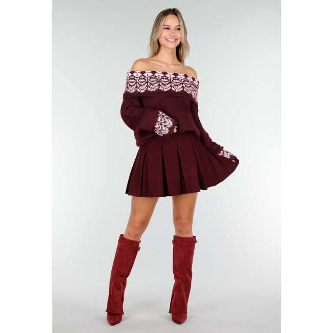 Bordeauxfarbener Off-Shoulder-Pullover mit Fair-Isle-Muster und langen Ärmeln