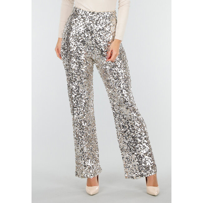 Silberne Hose mit Allover-Pailletten und geradem Bein