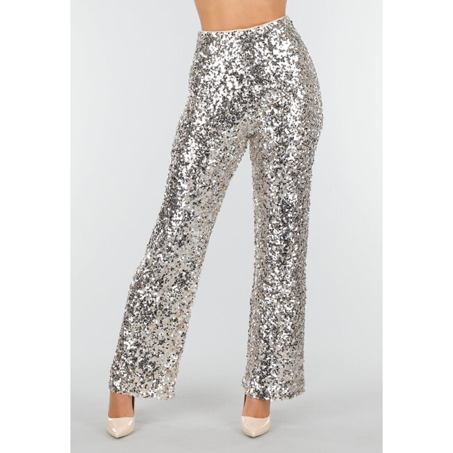 Silberne Hose mit Allover-Pailletten und geradem Bein