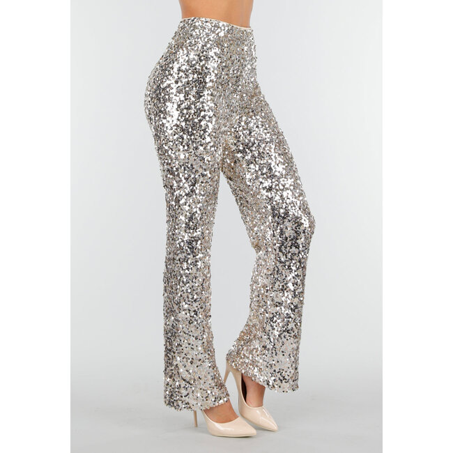 Silberne Hose mit Allover-Pailletten und geradem Bein