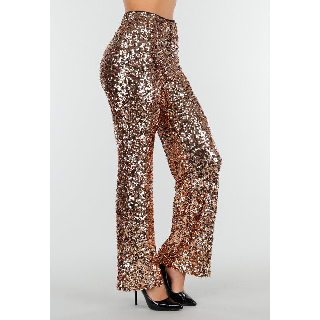 Goldfarbene Paillettenhose mit hoher Taille und geradem Bein