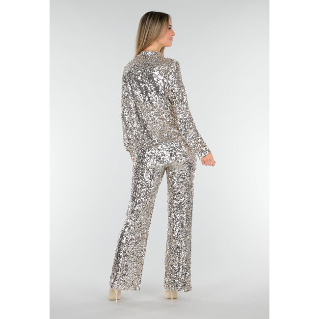 Silberne Bluse mit Allover-Pailletten und klassischem Kragen