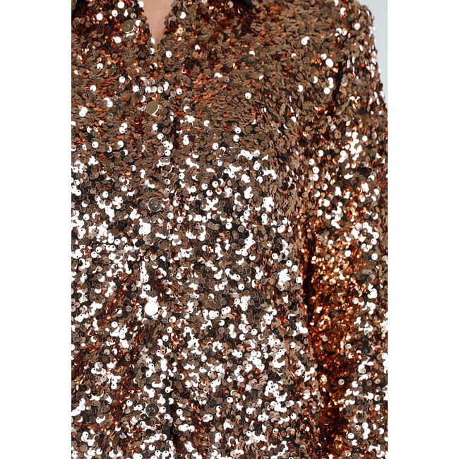 Goldfarbene Paillettenbluse mit Kragen und langen Ärmeln