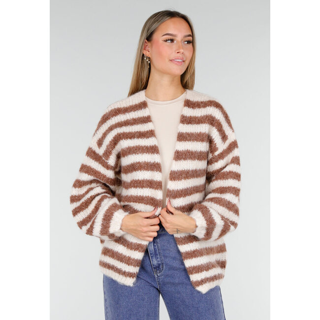 Gestreifter Strickcardigan in Braun und Weiß mit locker fallendem Schnitt