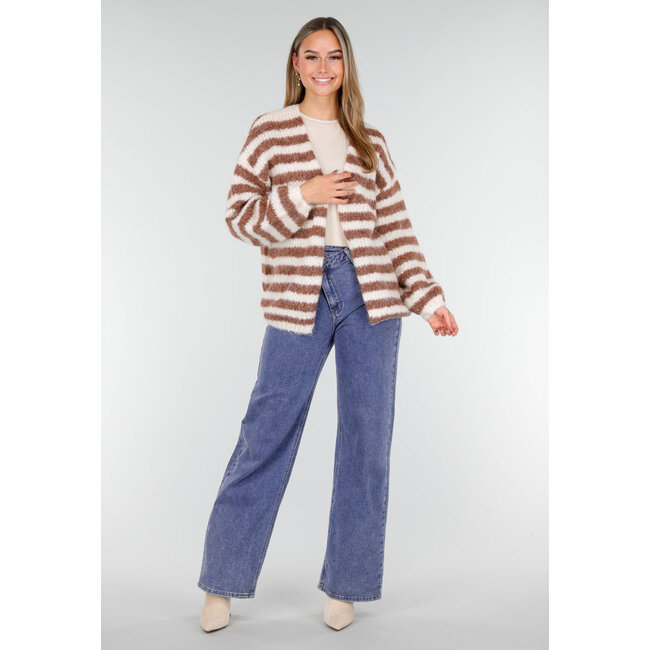 Gestreifter Strickcardigan in Braun und Weiß mit locker fallendem Schnitt