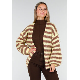 Gelb-braun gestreifte flauschige Strickjacke