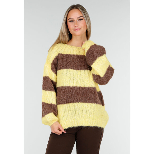 Gestreifter, flauschiger Pullover in Gelb und Braun mit lockerer Passform